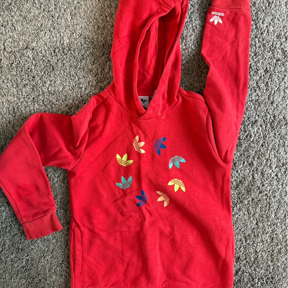 Adidas Red Hoodie with Colorful Trefoil Design